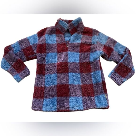 Eddie Bauer Blue and Burgundy Checked Plush Quarter Zip - Picture 4 of 8